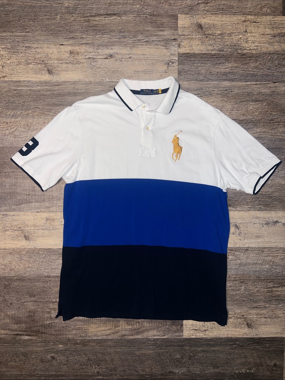 Polo by Ralph Lauren White/Blue/Navy Colorblock Polo with Gold Pony